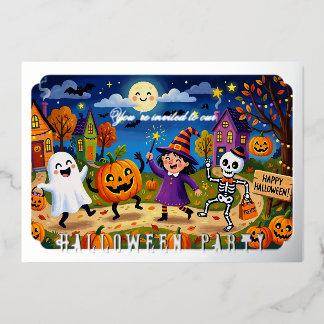 Invitación Con Relieve Metalizado Fiesta de Halloween - Ilustración Adorable y Niños