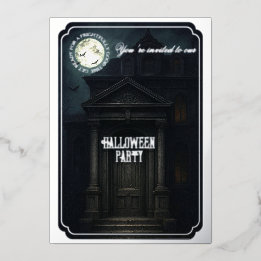 Invitación Con Relieve Metalizado Fiesta de Halloween - Mansión Embrujada y luna lle