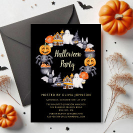 Invitación Con Relieve Metalizado Fiesta de Ilustracion Cute Black Happy Halloween