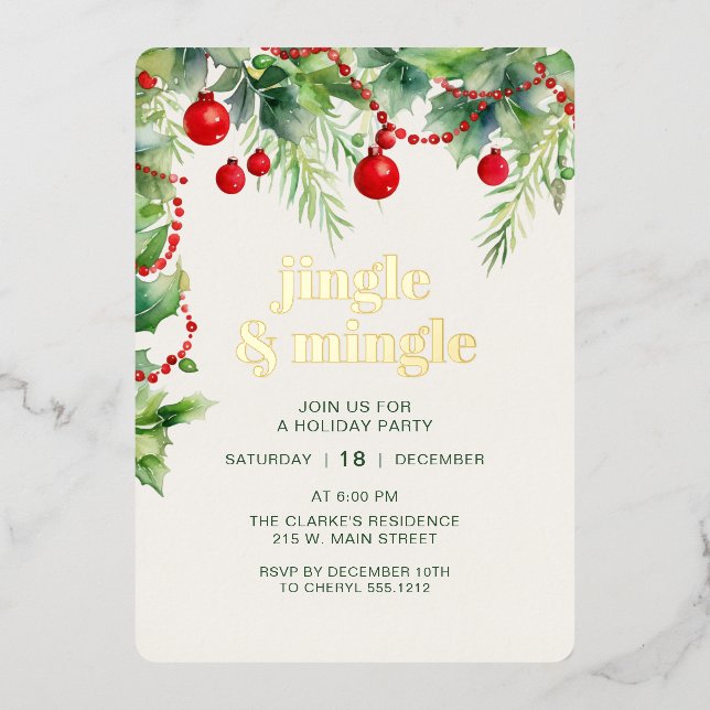 Invitación Con Relieve Metalizado Fiesta de Jingle Mingle Green Navidades (Anverso)