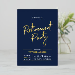Invitación Con Relieve Metalizado Fiesta de jubilación con letra moderna en oro y az