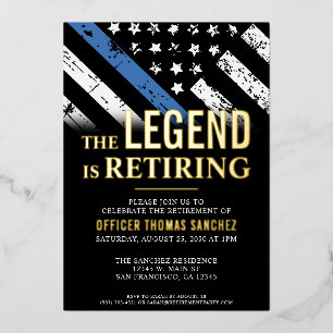 Invitación Con Relieve Metalizado Fiesta de Jubilación de la Policía con Bandera Azu