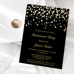 Invitación Con Relieve Metalizado Fiesta de Jubilación Elegant Script Negro & Dorado
