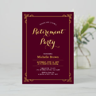 Invitación Con Relieve Metalizado Fiesta de Jubilación Elegante de Oro y Borgoña