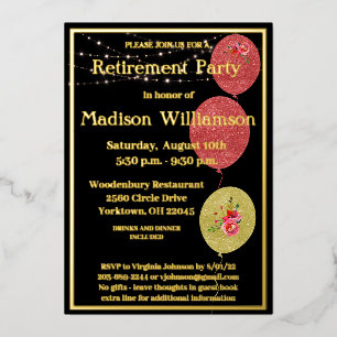 Invitación Con Relieve Metalizado Fiesta de Jubilación Elegante Negro ORO REAL    