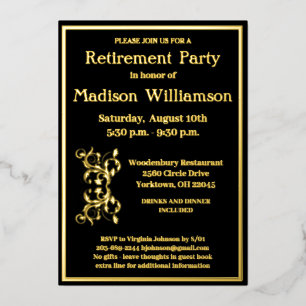 Invitación Con Relieve Metalizado Fiesta de Jubilación Elegante Negro ORO Real    