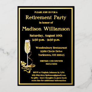 Invitación Con Relieve Metalizado Fiesta de Jubilación Elegante Negro ORO Real    