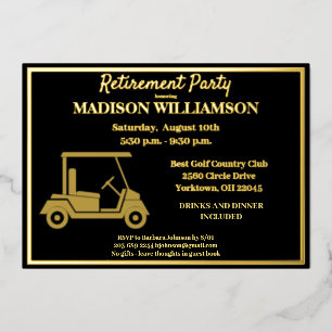 Invitación Con Relieve Metalizado Fiesta de Jubilación Golf Oro Real