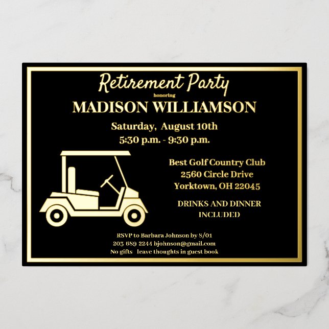 Invitación Con Relieve Metalizado Fiesta de Jubilación Golf Real Gold (Anverso)