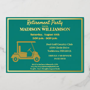 Invitación Con Relieve Metalizado Fiesta de Jubilación Golf Real Oro
