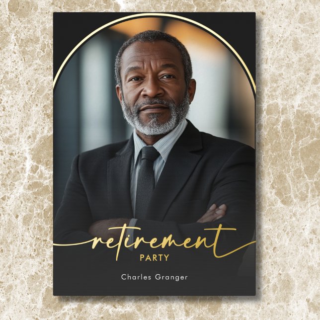 Invitación Con Relieve Metalizado Fiesta de Jubilación Negra Mínima Moderna (Modern Minimal Black Retirement Party Foil Invitation)