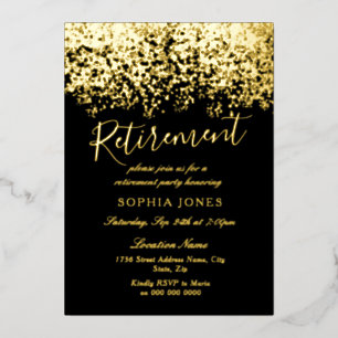Invitación Con Relieve Metalizado Fiesta de Jubilación Negro Purpurina Dorada Oro Re