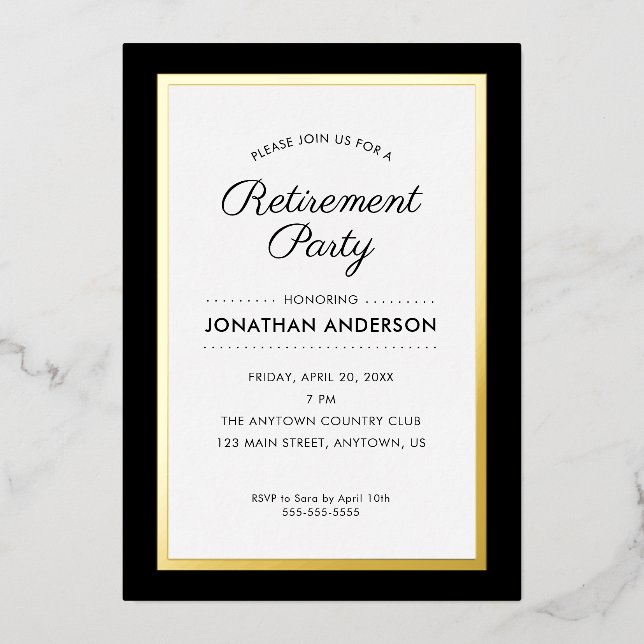 Invitación Con Relieve Metalizado Fiesta de jubilación negro y oro (Anverso)