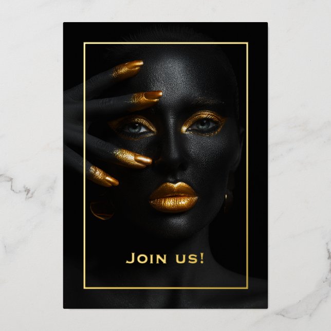 Invitación Con Relieve Metalizado Fiesta de la Bachelorette de Oro y Negro (Anverso)