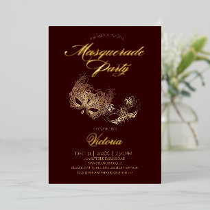 Invitación Con Relieve Metalizado Fiesta de la mascarada de Borgoña