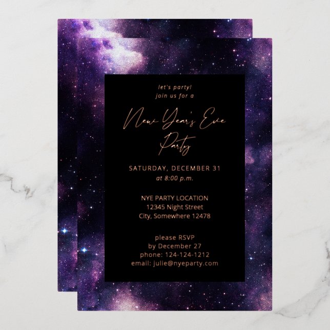 Invitación Con Relieve Metalizado Fiesta de la Nochevieja de Galaxy (Anverso/Reverso)