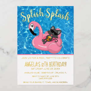 Invitación Con Relieve Metalizado Fiesta de la piscina de natalidad de gato flamenco