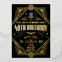 Invitación Con Relieve Metalizado fiesta de los años 40 del Art Deco Negro y Oro de