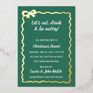 Invitación Con Relieve Metalizado Fiesta de los Navidades de Green White Bow dibujad