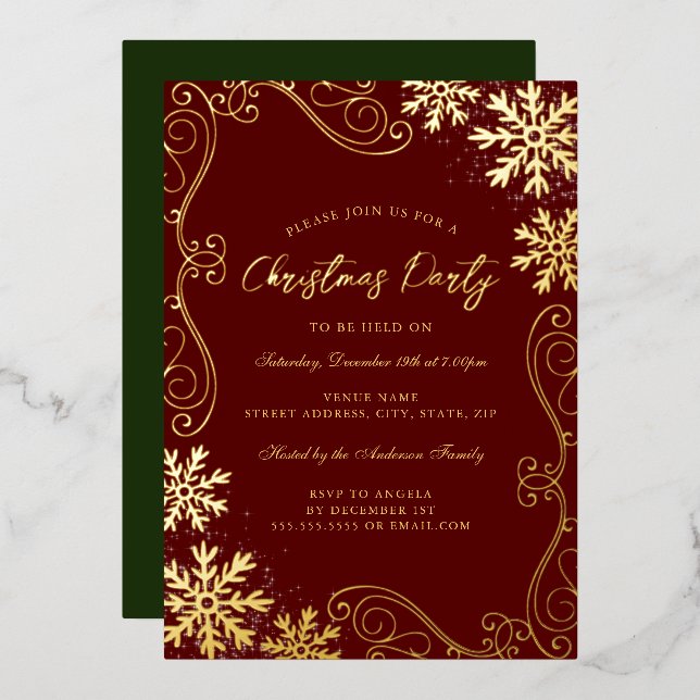 Invitación Con Relieve Metalizado Fiesta de los Navidades de oro de Snowflake Green  (Anverso/Reverso)