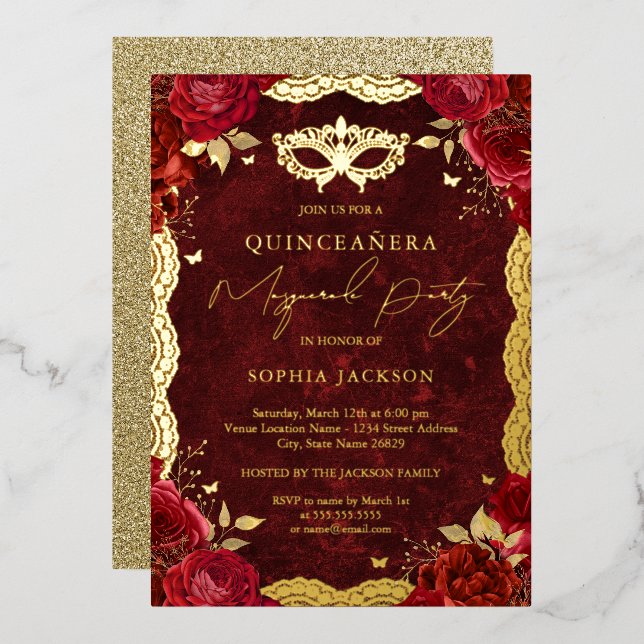 Invitación Con Relieve Metalizado Fiesta de mascarada Lace Rosa Rojo Quinceanera (Anverso/Reverso)
