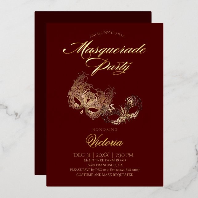 Invitación Con Relieve Metalizado Fiesta de mascarada roja (Anverso/Reverso)