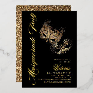 Invitación Con Relieve Metalizado Fiesta de Máscaras de Oro
