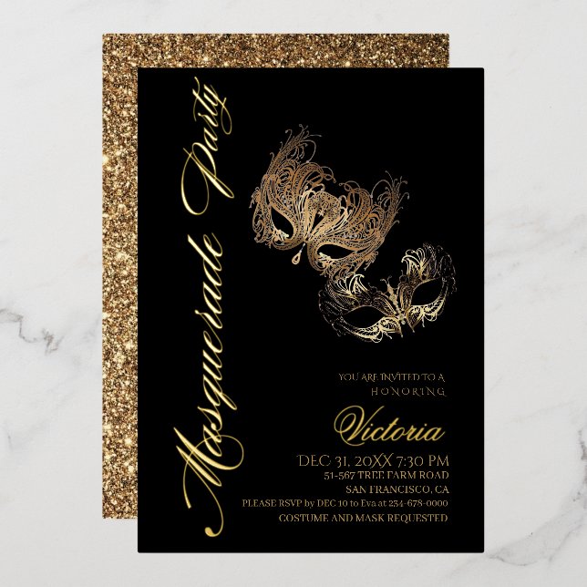 Invitación Con Relieve Metalizado Fiesta de Máscaras de Oro (Anverso/Reverso)