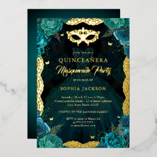Invitación Con Relieve Metalizado Fiesta de Máscaras de Quinceañera Vestido de Rosa