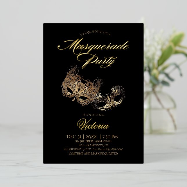 Invitación Con Relieve Metalizado Fiesta de Máscaras Negras (Anverso de pie)