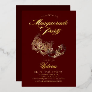 Invitación Con Relieve Metalizado Fiesta de Máscaras Roja