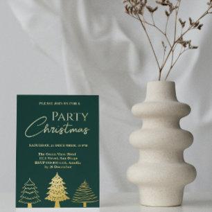 Invitación Con Relieve Metalizado Fiesta de Navidad Árboles Verdes Modernos Oro 
