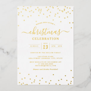 Invitación Con Relieve Metalizado Fiesta de Navidad Blanca Confetti Gold