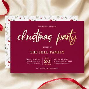 Invitación Con Relieve Metalizado Fiesta de Navidad Caligrafía Elegante Rojo