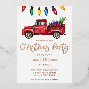 Invitación Con Relieve Metalizado Fiesta de Navidad Camión y Luces de Navidad