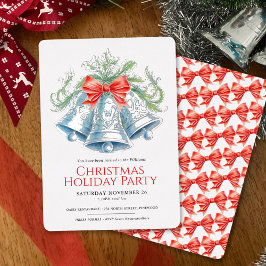 Invitación Con Relieve Metalizado Fiesta de Navidad campanas de plata lazo rojo acua