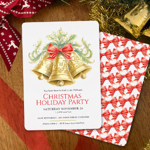 Invitación Con Relieve Metalizado Fiesta de Navidad campanas doradas y arte de lazo