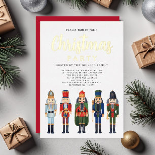 Invitación Con Relieve Metalizado Fiesta de Navidad Cascanueces Rojo Dorado