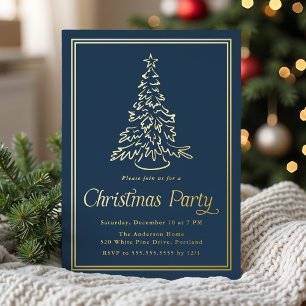 Invitación Con Relieve Metalizado Fiesta de Navidad Clásica con Árbol de Navidad en