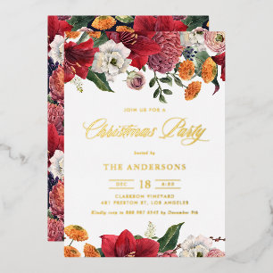 Invitación Con Relieve Metalizado Fiesta de Navidad con Amarilis Botánicas y Crisant