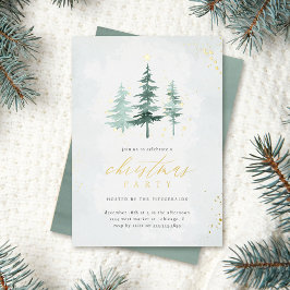 Invitación Con Relieve Metalizado Fiesta de Navidad con árboles de pino acuarela