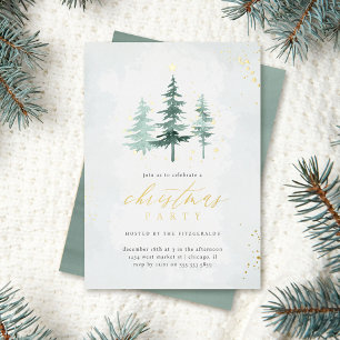 Invitación Con Relieve Metalizado Fiesta de Navidad con árboles de pino acuarela