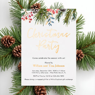 Invitación Con Relieve Metalizado Fiesta de Navidad con bayas de acebo de guión mode