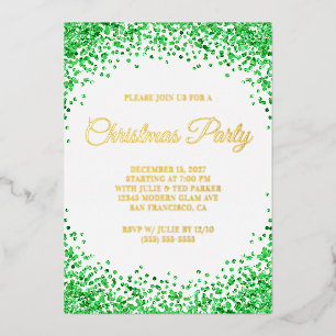 Invitación Con Relieve Metalizado Fiesta de Navidad con borde de purpurina verde y b
