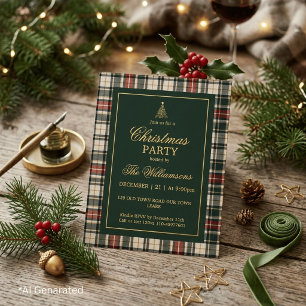 Invitación Con Relieve Metalizado Fiesta de Navidad con elegante tartán verde y dora
