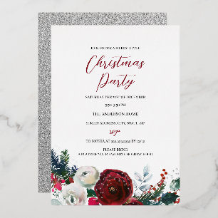 Invitación Con Relieve Metalizado Fiesta de Navidad con Foliaje Festivo de Plata Roj