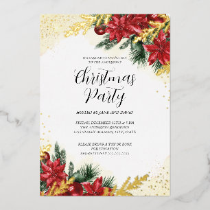 Invitación Con Relieve Metalizado Fiesta de Navidad con follaje dorado rojo brillant