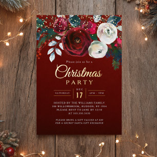 Invitación Con Relieve Metalizado Fiesta de Navidad con follaje festivo destellos ro