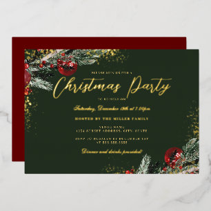 Invitación Con Relieve Metalizado Fiesta de Navidad con follaje verde rojo destellan