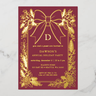Invitación Con Relieve Metalizado Fiesta de Navidad con guirnalda de lazo borgoña co